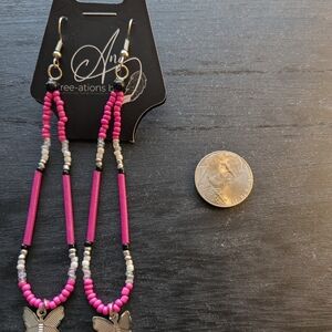 Pink Seed Bead Butterfly Dangle Earrings by Ana Creations